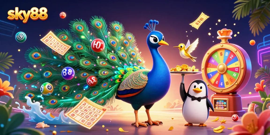 Experience the excitement of sky88 with a vibrant 3D casino scene featuring colorful lottery elements.