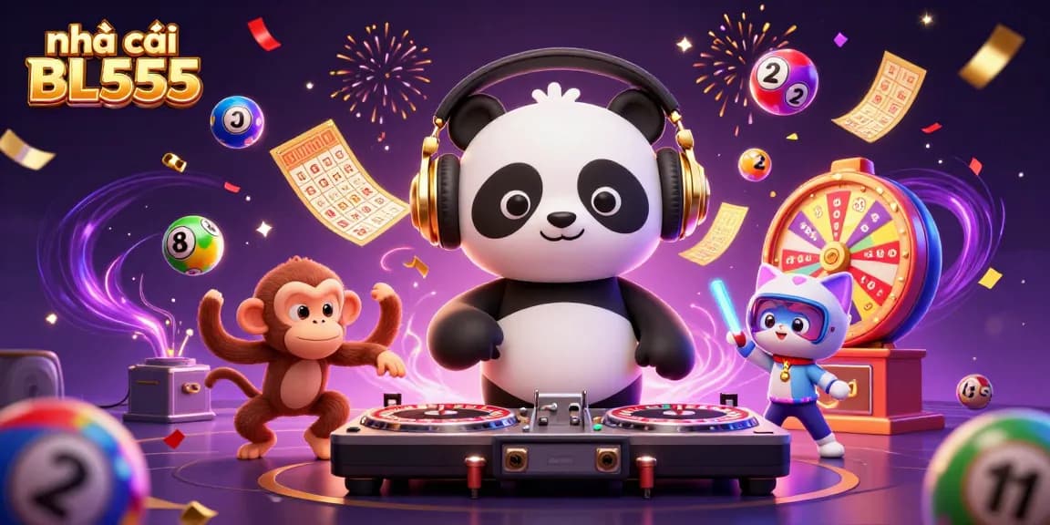 Engage in the excitement of nhà cái BL555 with vibrant lottery balls and a lively casino scene featuring playful characters.