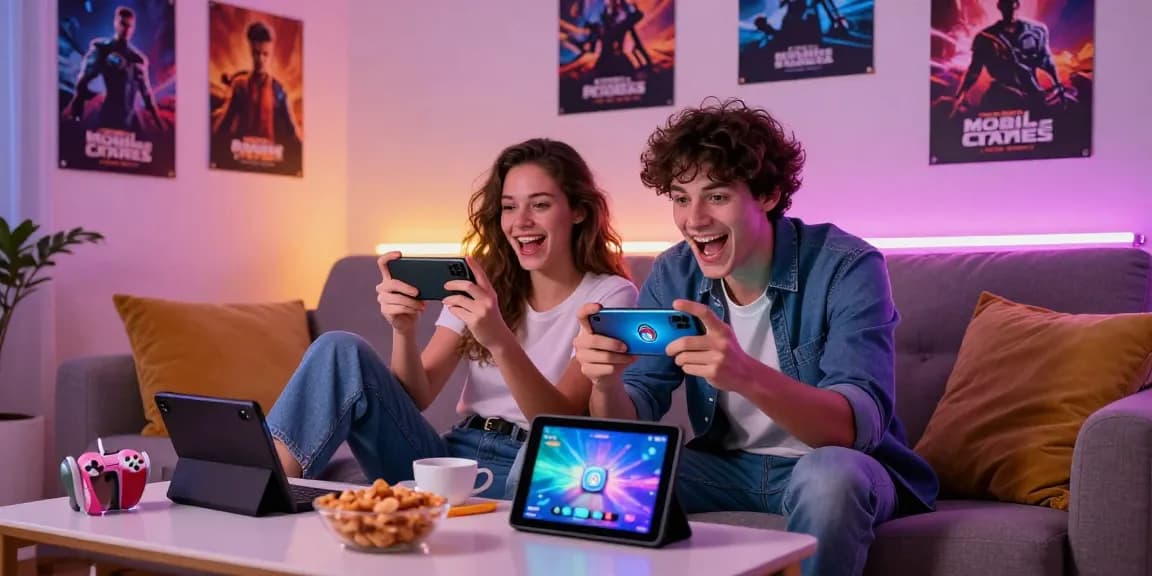 Couple enjoying mobile porn games in a cozy living room, showcasing gaming devices and snacks.