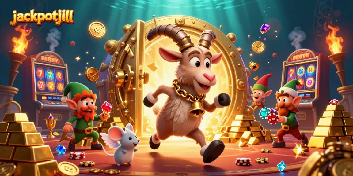 Experience jackpotjill in a festive casino bustling with action and treasure.