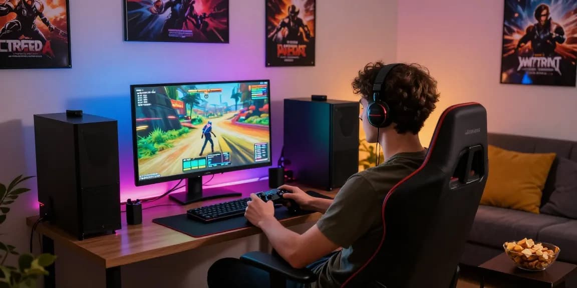 A gamer enjoying html porn games on a vibrant home setup with interactive graphics.