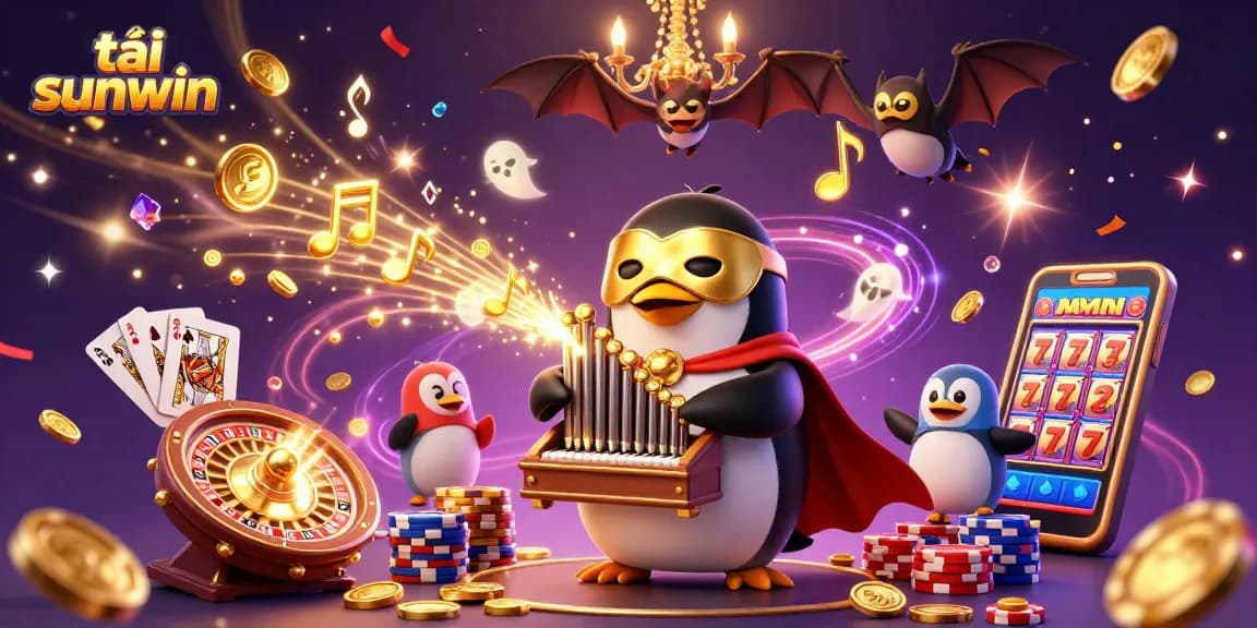 Experience the thrill of tải sunwin with a vibrant casino scene featuring a musical penguin and acrobat.