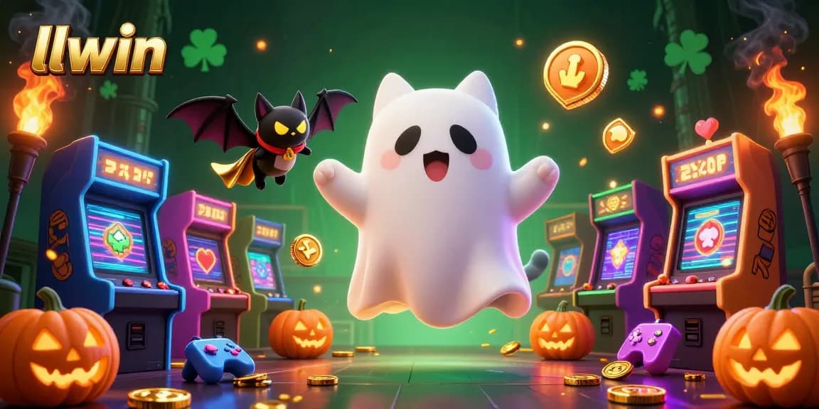Engage in thrilling games at llwin's haunted casino with a ghost cat and glowing slot machines.