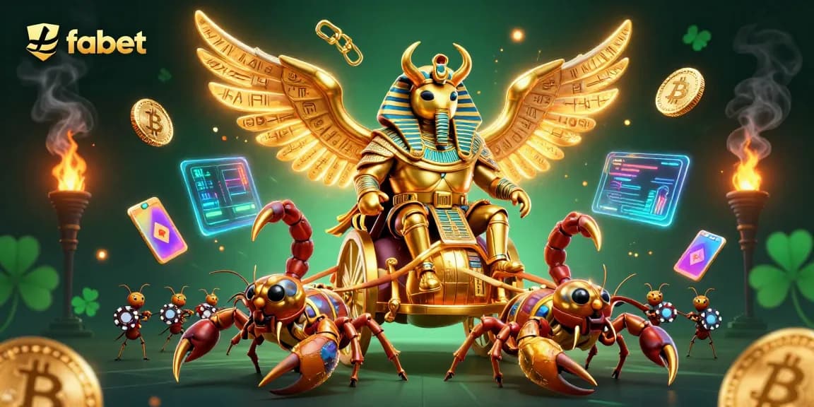Experience the thrilling world of fabet with a golden scarab beetle, scorpions, and vibrant crypto elements.