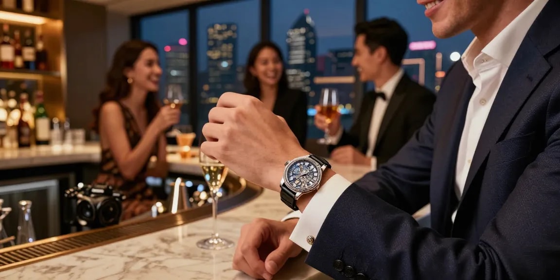 The individual elegantly showcasing a super clone watch in a stylish bar setting, highlighting luxury and sophistication.