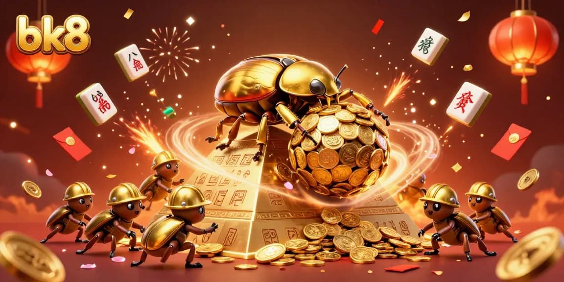 Engage with the vibrant bk8 casino atmosphere featuring a golden beetle and treasures.