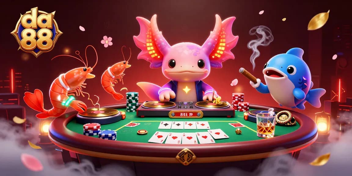 Experience the excitement of da 88 with a vibrant poker scene featuring colorful underwater characters.