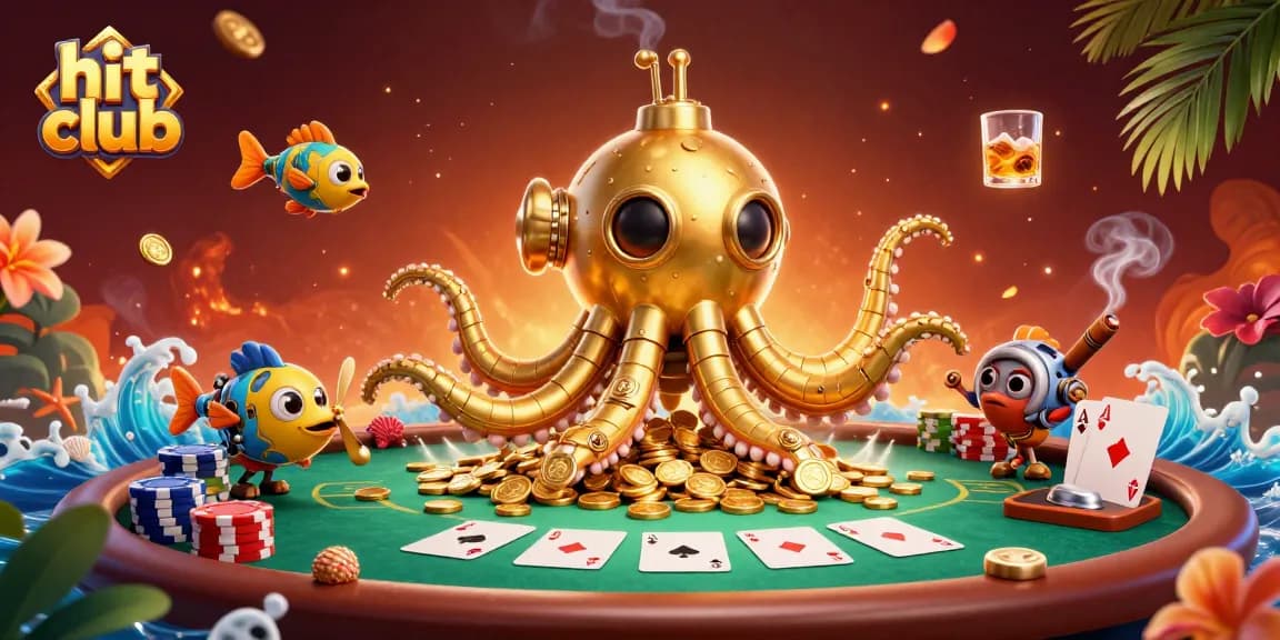 Hit club gaming scene showcasing a golden kraken and poker elements among golden coins.