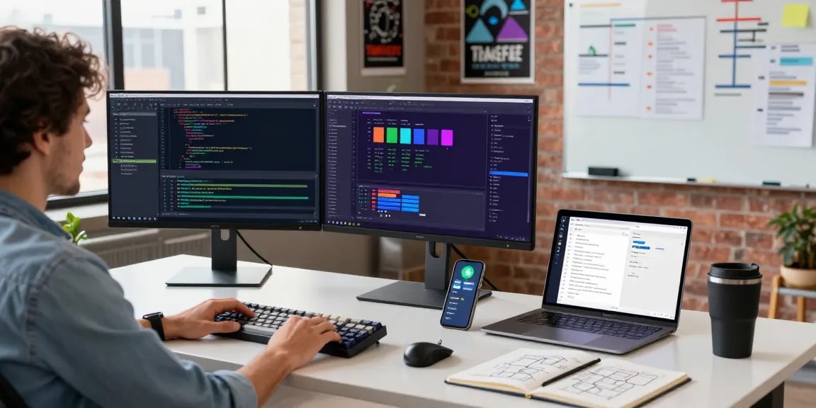 Developer using an AI code generator in a modern workspace with dual monitors, laptop, and coffee, emphasizing efficiency and creativity.