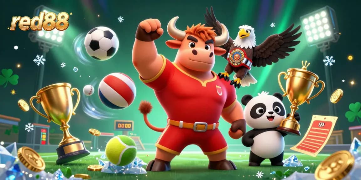 Experience thrilling wins at red88 as a bull mascot celebrates victory surrounded by dynamic sports elements.