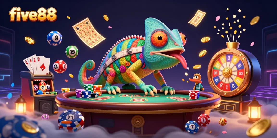 Engage with five88's colorful casino experience featuring a vibrant chameleon and dynamic game elements.