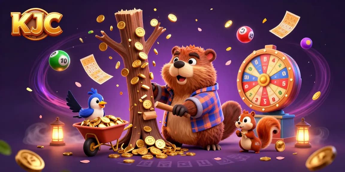 KJC inspires players to win with golden coins raining down from a whimsical scene featuring cartoon characters amidst vibrant gambling elements.