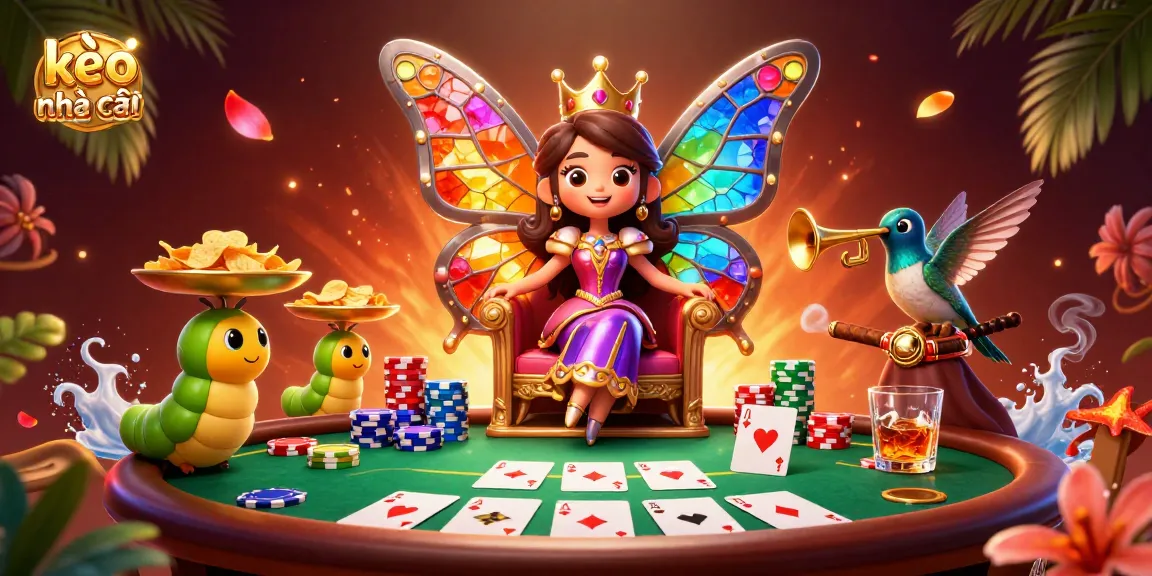 Experience the thrill of kèo nhà cái with a vibrant 3D casino scene featuring colorful characters and poker elements.