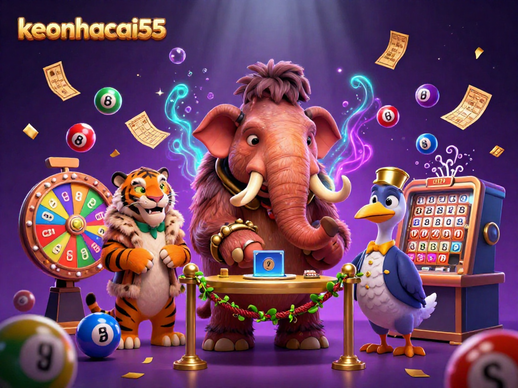 Enhance your gaming with keonhacai55 featuring a vibrant casino scene with characters and lottery elements.