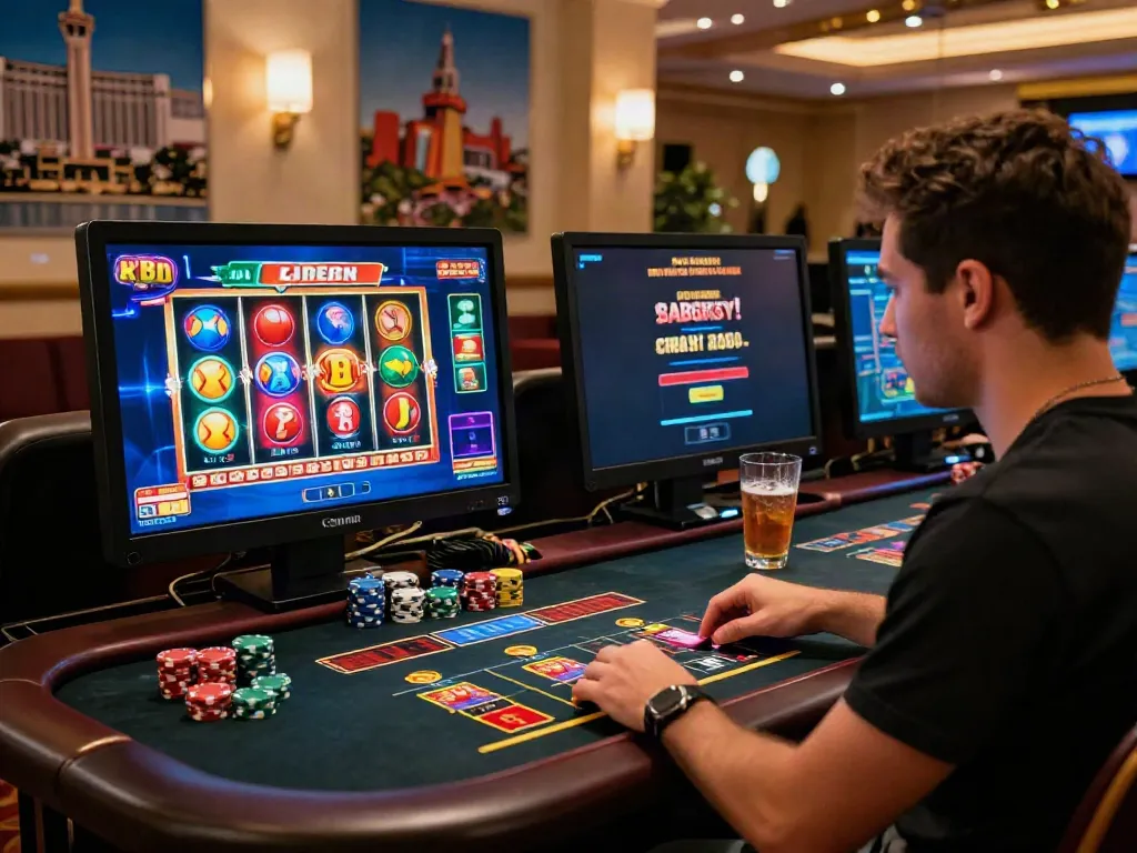 A player enjoying a credit card casino game on a computer, surrounded by chips and drinks, in a stylish gaming atmosphere.