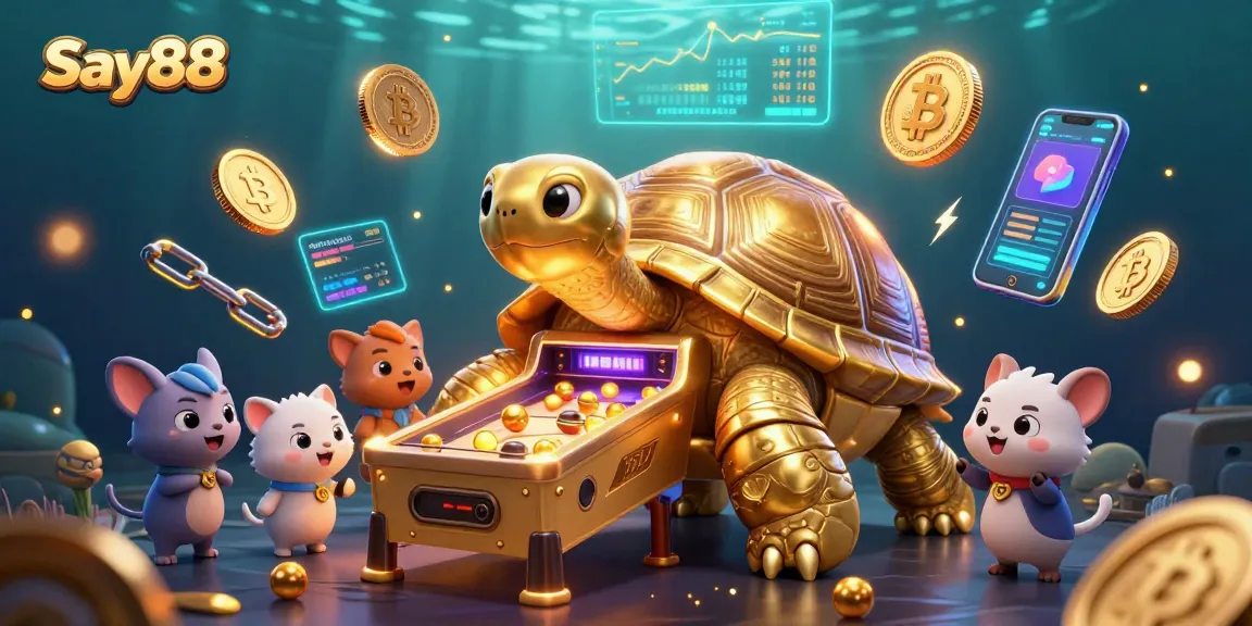 Engage in exciting games at Say88 with a golden tortoise pinball showcasing crypto elements in a vibrant 3D scene.
