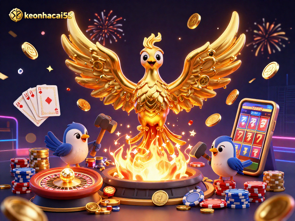 Experience the thrill of keonhacai55 with a phoenix rising from gold and casino elements.
