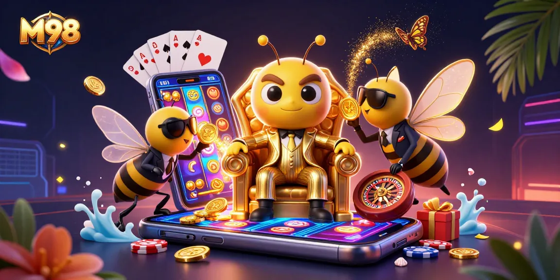 M98 engages players with vibrant slot games in a packed 3D casino scene featuring a bumblebee mob boss.