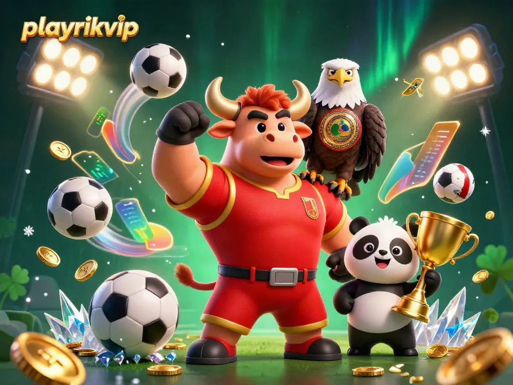Witness a triumphant playrikvip celebration with vibrant casino mascots and dynamic sports elements.