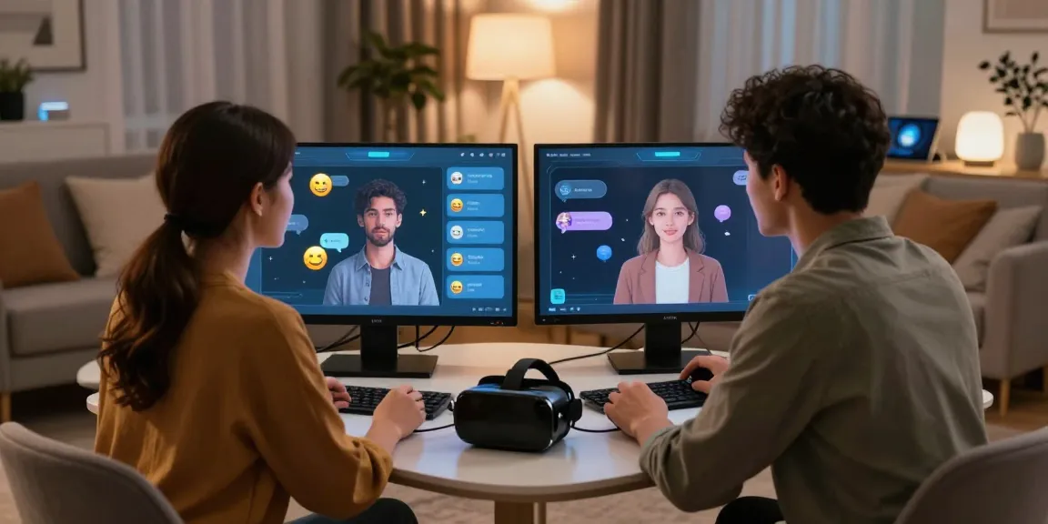 Engaging AI sex chat scene with young adults in a cozy lounge, showcasing digital avatars and intimate interaction.
