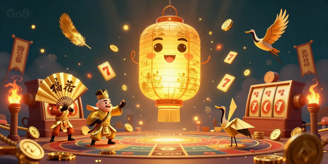 Engage with Go8's exciting casino battles featuring a giant lantern spirit and golden warriors in an animated showdown.