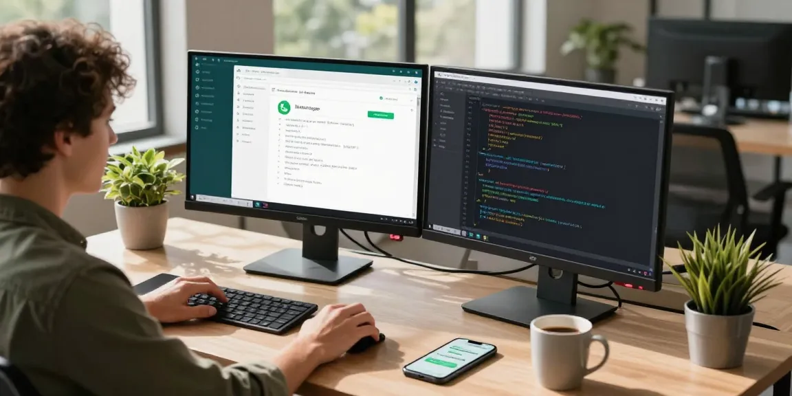 Tech workspace highlighting WhatsApp下載 app development, featuring monitors, coding, and a programmer.