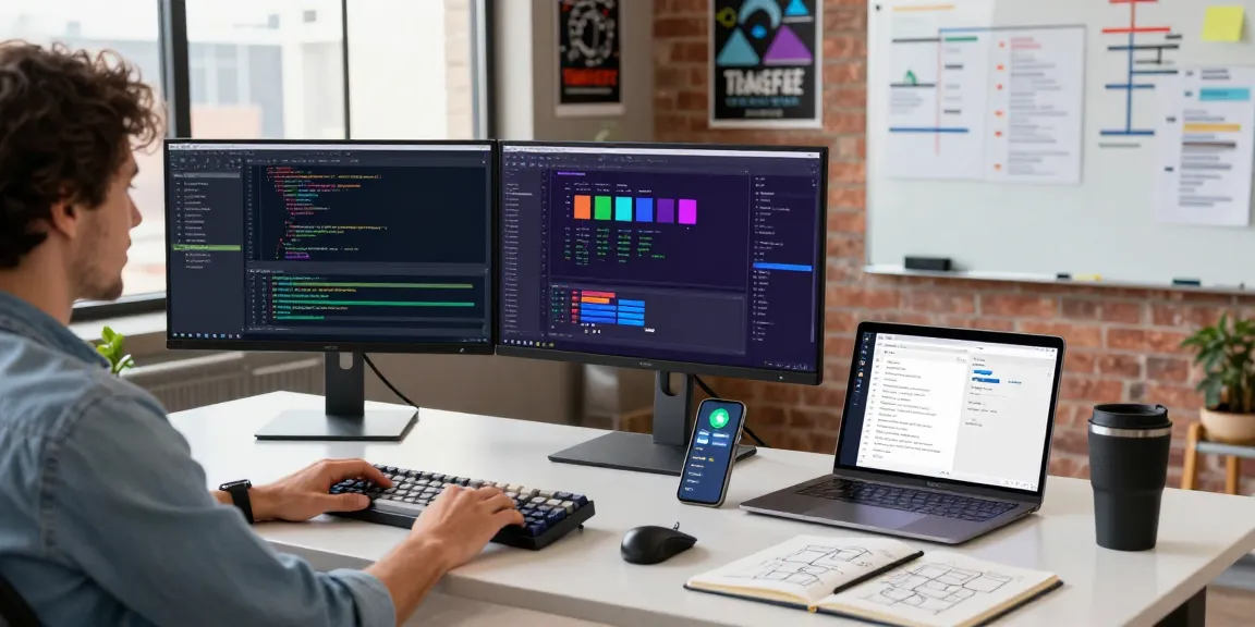 Developer using an AI code generator in a modern workspace with dual monitors, laptop, and coffee, emphasizing efficiency and creativity.