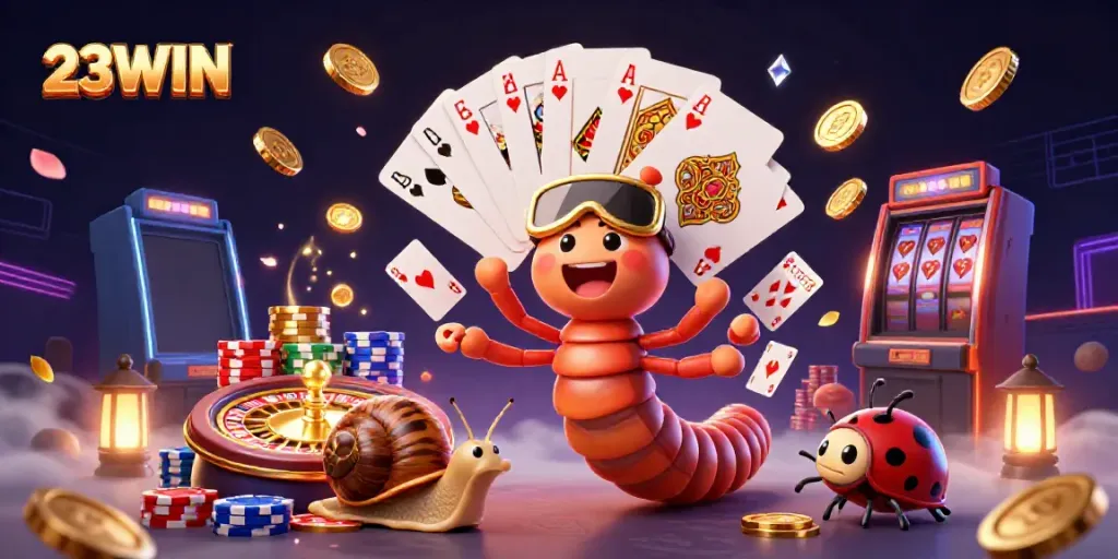 Experience excitement with 23WIN's dynamic casino scene featuring a millipede dealer and high-roller snail.