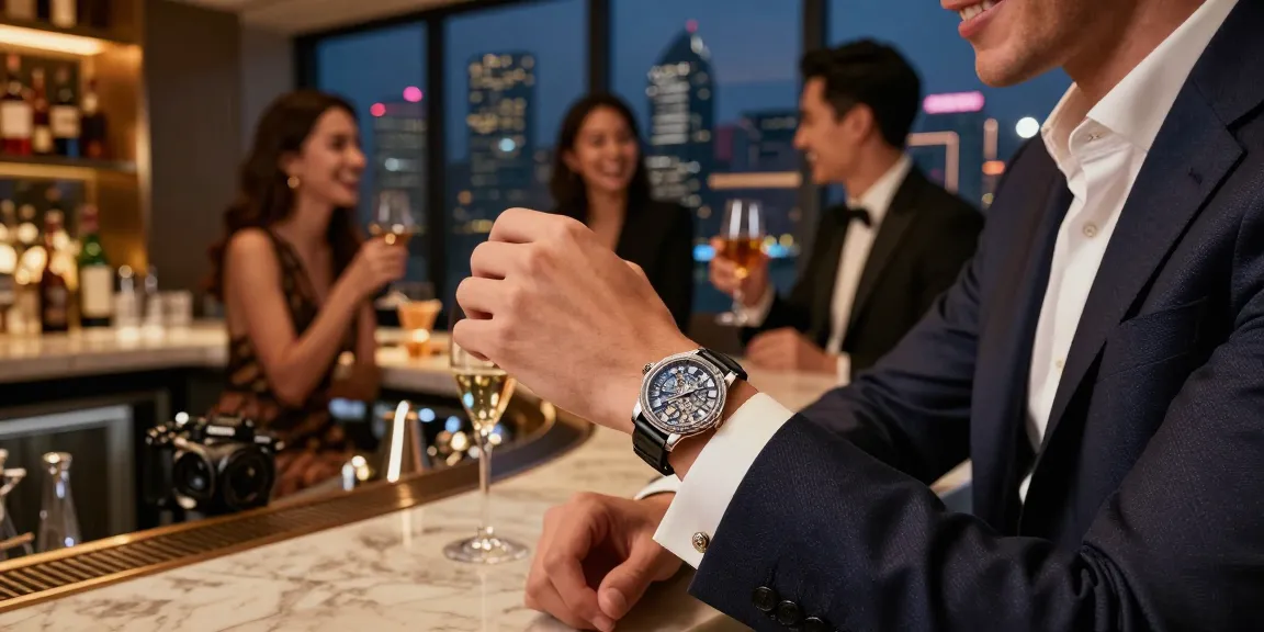The individual elegantly showcasing a super clone watch in a stylish bar setting, highlighting luxury and sophistication.