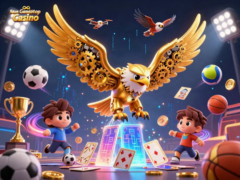 Experience thrilling action with Non Gamstop Casino, featuring a cybernetic eagle amidst vibrant 3D sports elements.