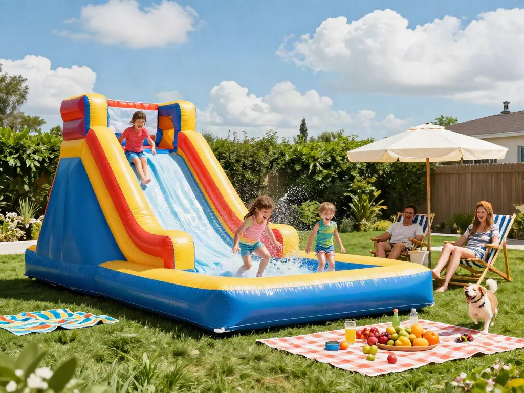 Kids slide in the water on a colourful inflatable slide, enjoying a fun-filled summer day in the garden.