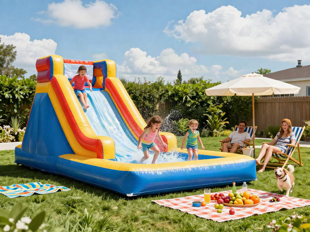 Kids slide in the water on a colourful inflatable slide, enjoying a fun-filled summer day in the garden.