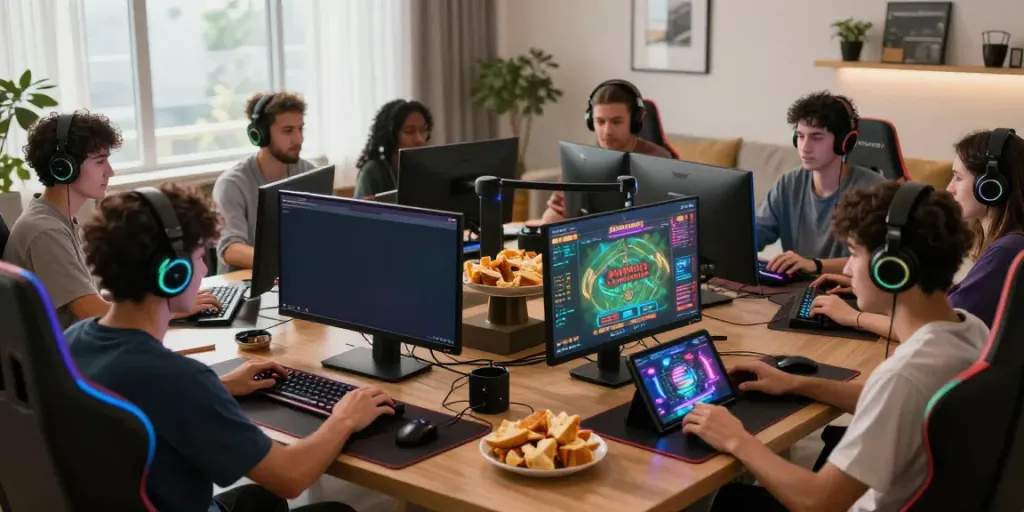 Engaged players enjoying online credit card casinos in a vibrant gaming setup.