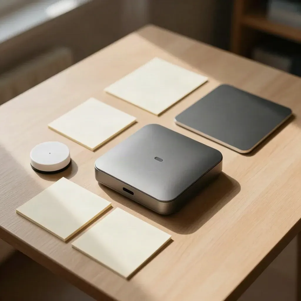 Overhead view of prototype devices, note cards and a white recording puck on a warm tabletop