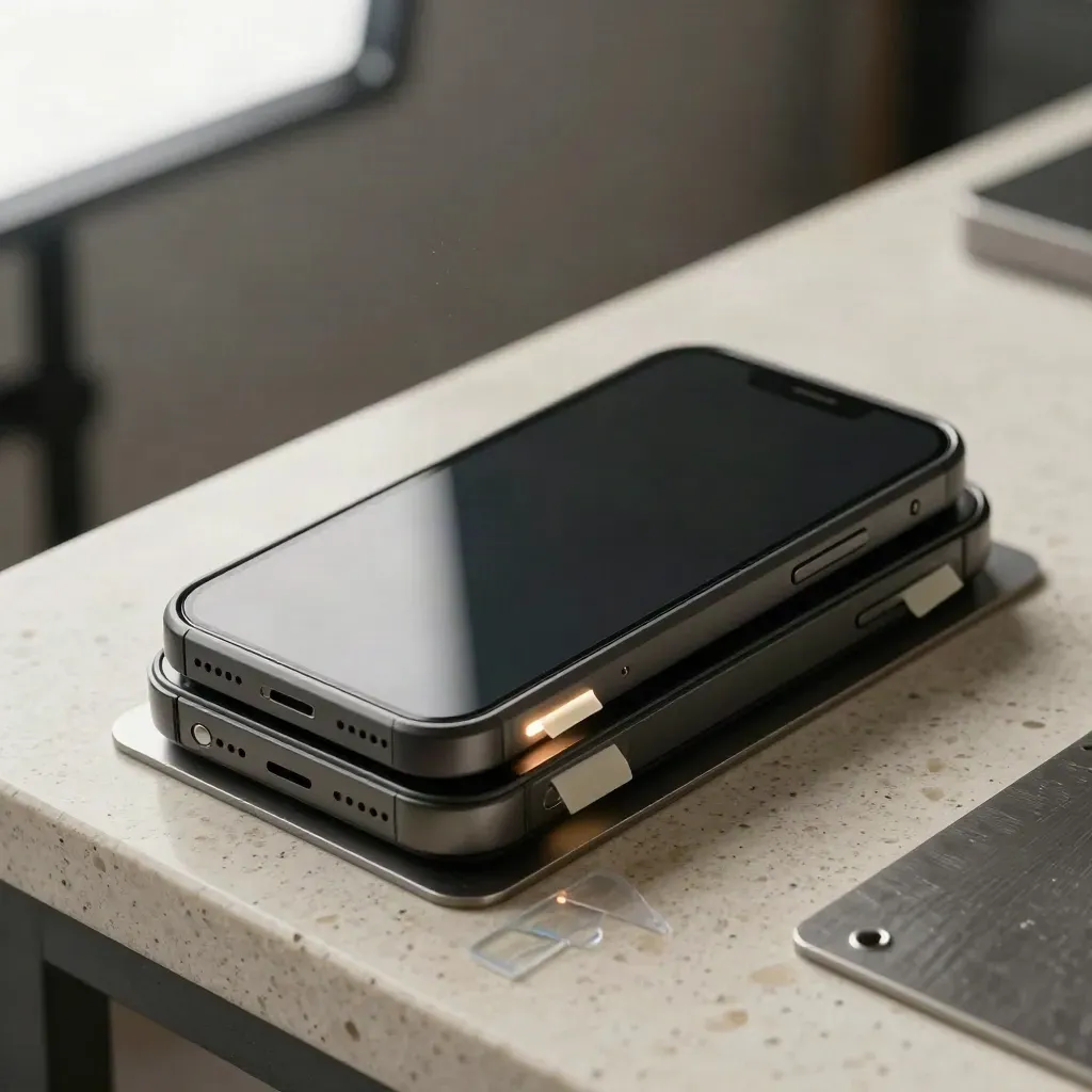 Mid-assembly phone prototype with a glowing seam on a travertine bench.