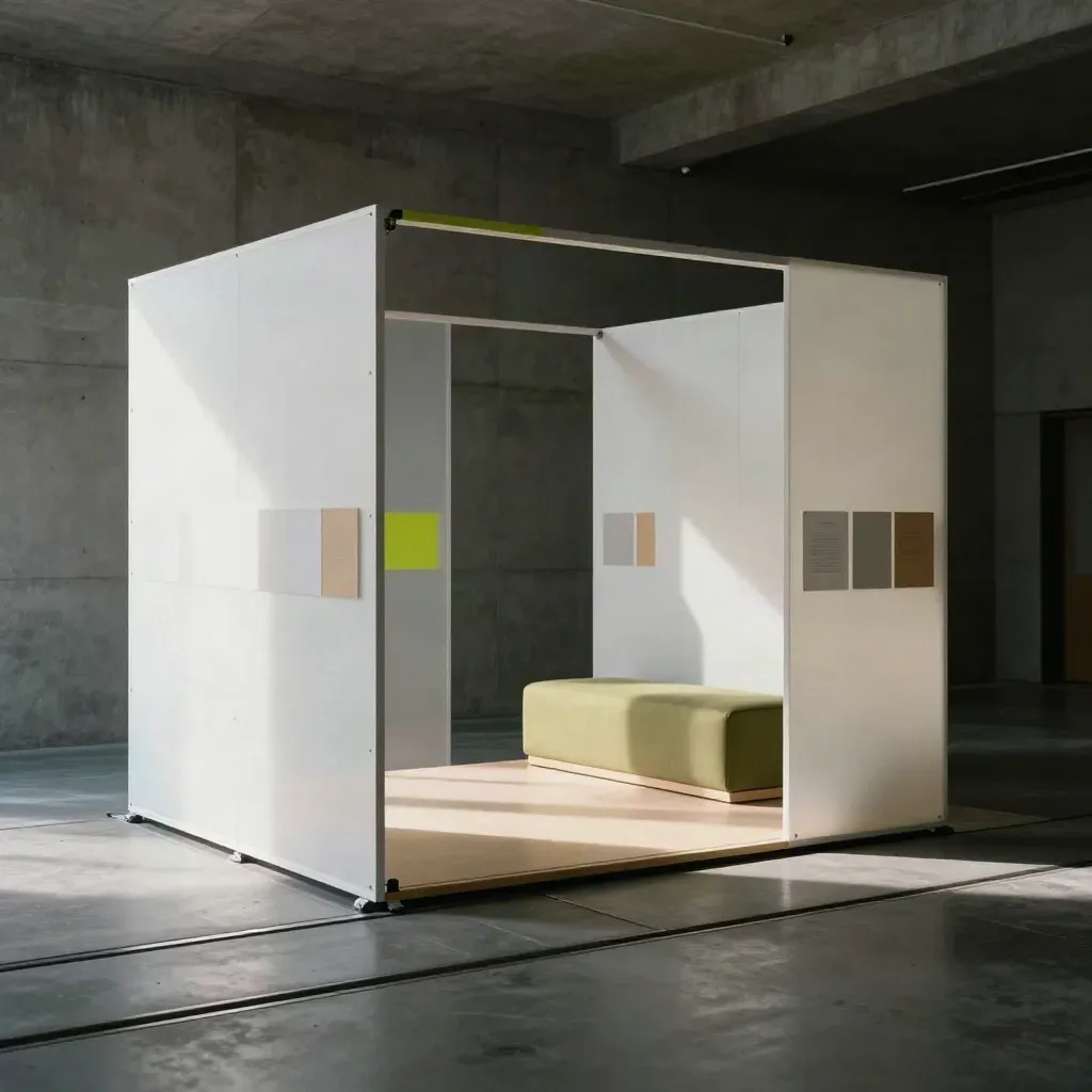 Empty sprint room with white panels, acetate screens and modular prototypes under dramatic light.