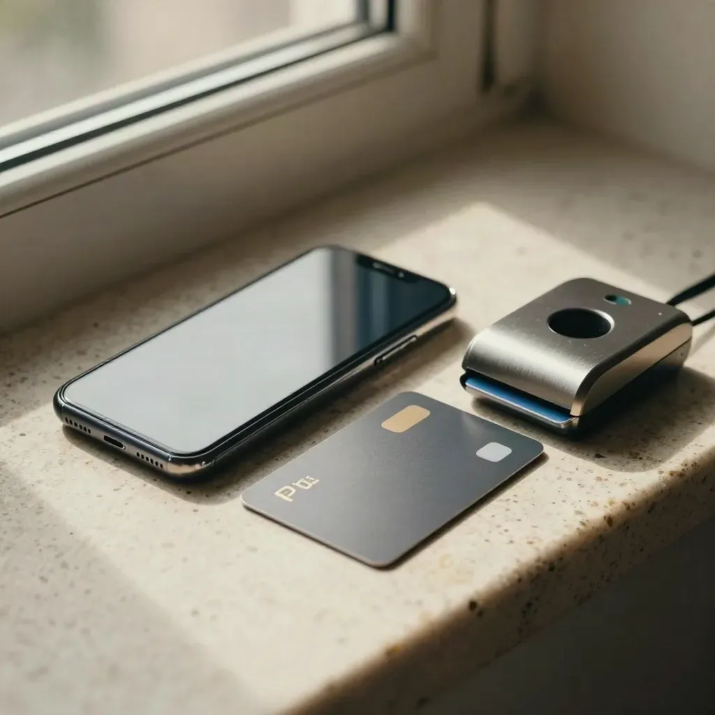 Slim phone dummy, reduced card stack and face-down confirmation card on a sunlit travertine ledge.