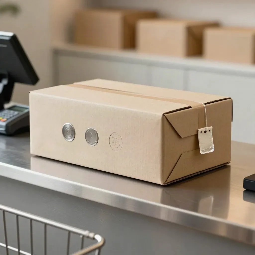 Retail checkout mockup with parcel box, payment terminal and trust tokens on a steel counter.