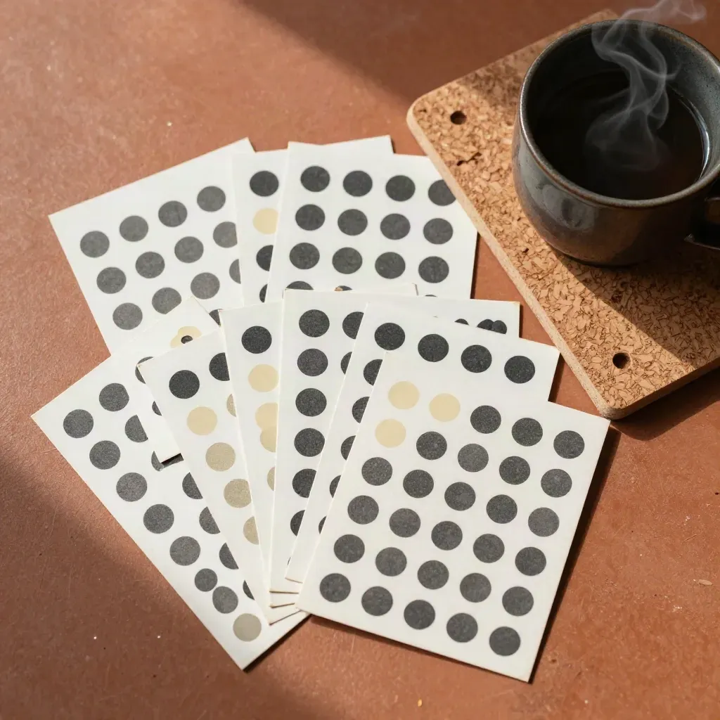 Top-down still life of UX voting dots, task cards, sample board and steaming cup on terracotta clay.