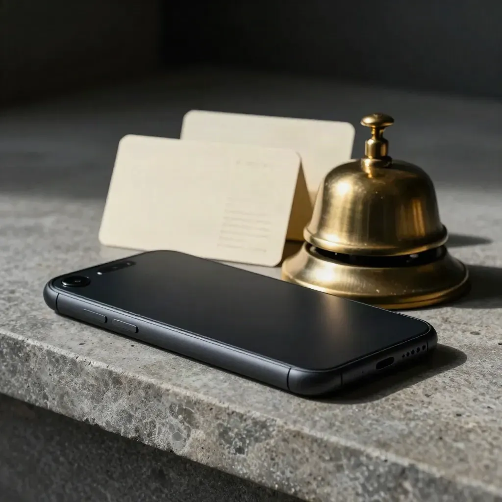 Black phone, brass bell, and folded cards on a stone shelf with dramatic side light.