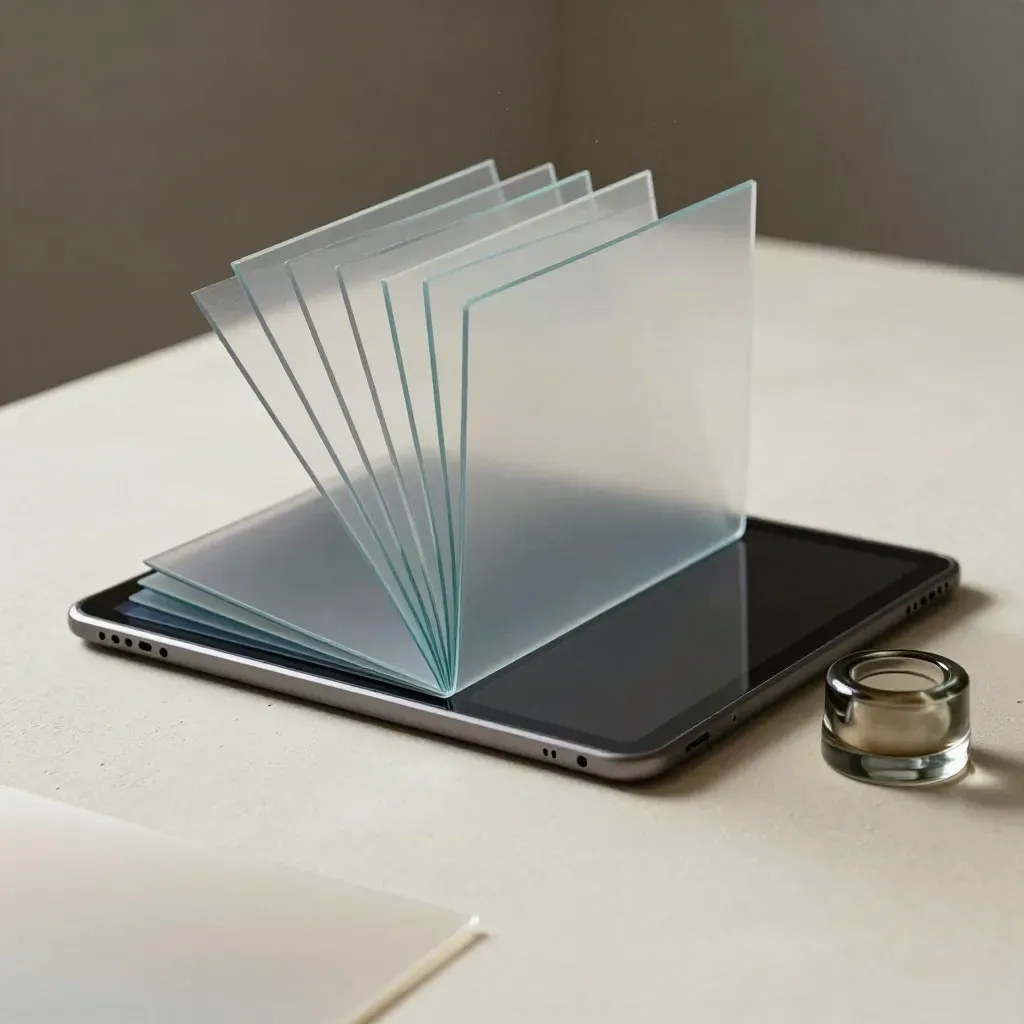 Transparent UX review overlays with dark tablet shell and smoked-glass paperweight on plaster.