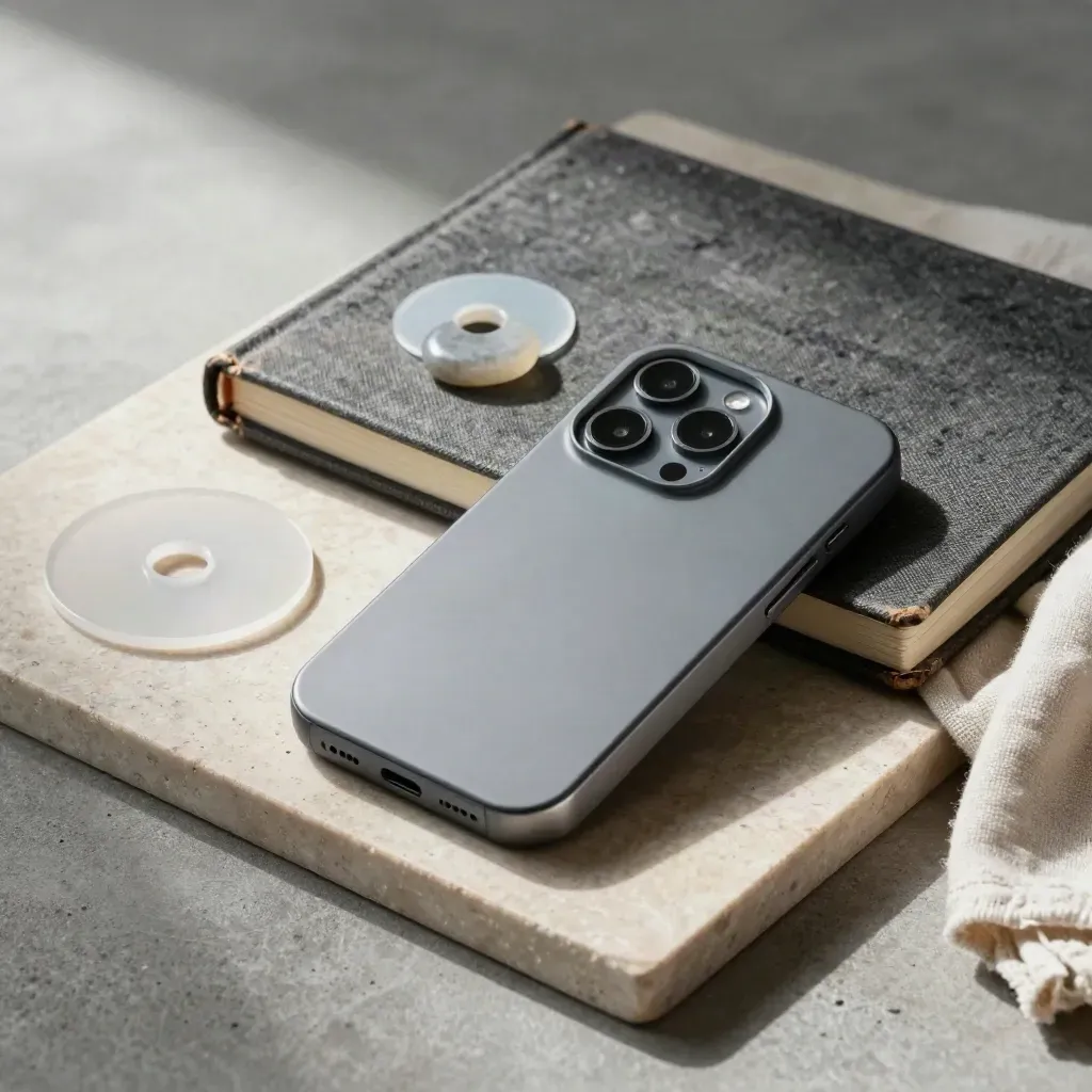 Prototype phone shell, notebook and validation tokens on a stone tray in soft studio light