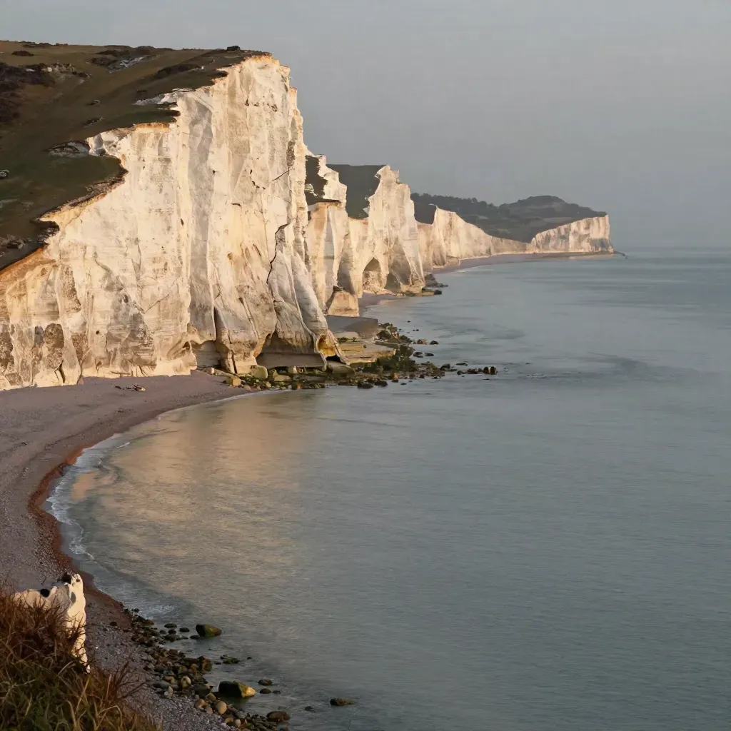 Golden-hour chalk cliffs above a misty quiet sea near Brighton, wide and calm.