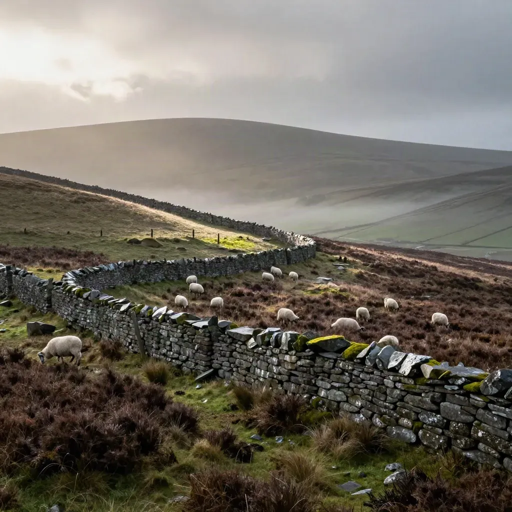 Wet Pennine hillside with stone walls, slate ridges and mist under breaking light.