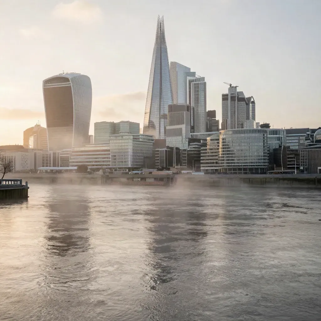 Foggy Thames skyline with the Shard above a calm river at sunrise.