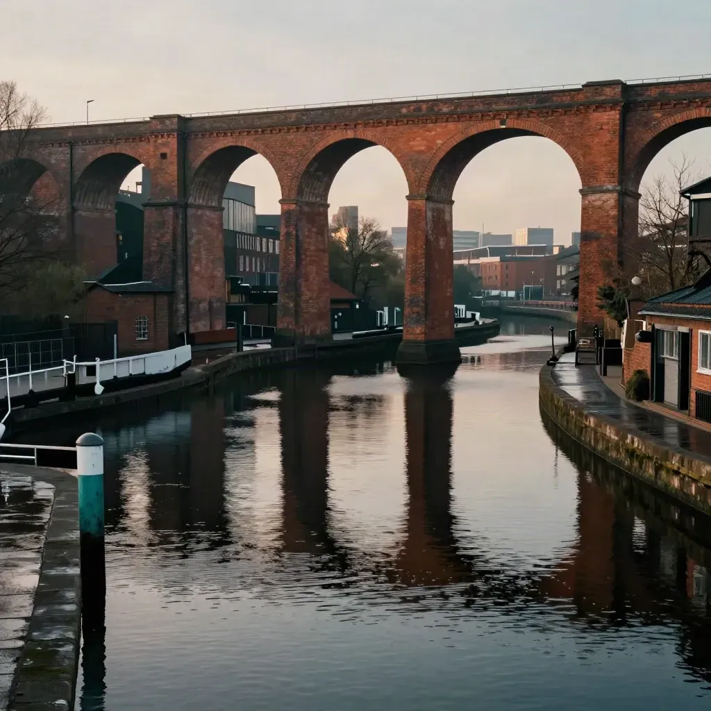 Brick viaducts and canal basins in Birmingham reflected in still dusk water.