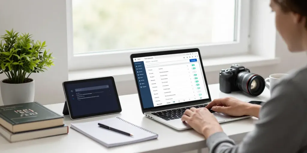 Buy .co.uk domain in a modern home office, featuring a laptop and ambient light.