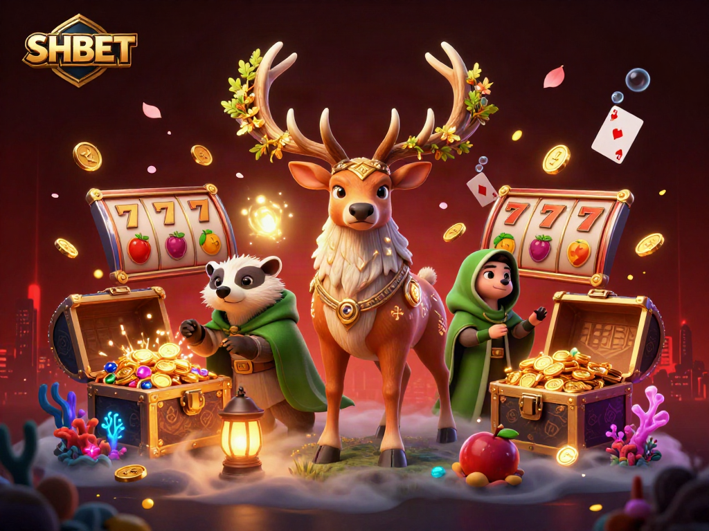Engage with SHBET's vibrant casino scene filled with slot reels and golden treasures.