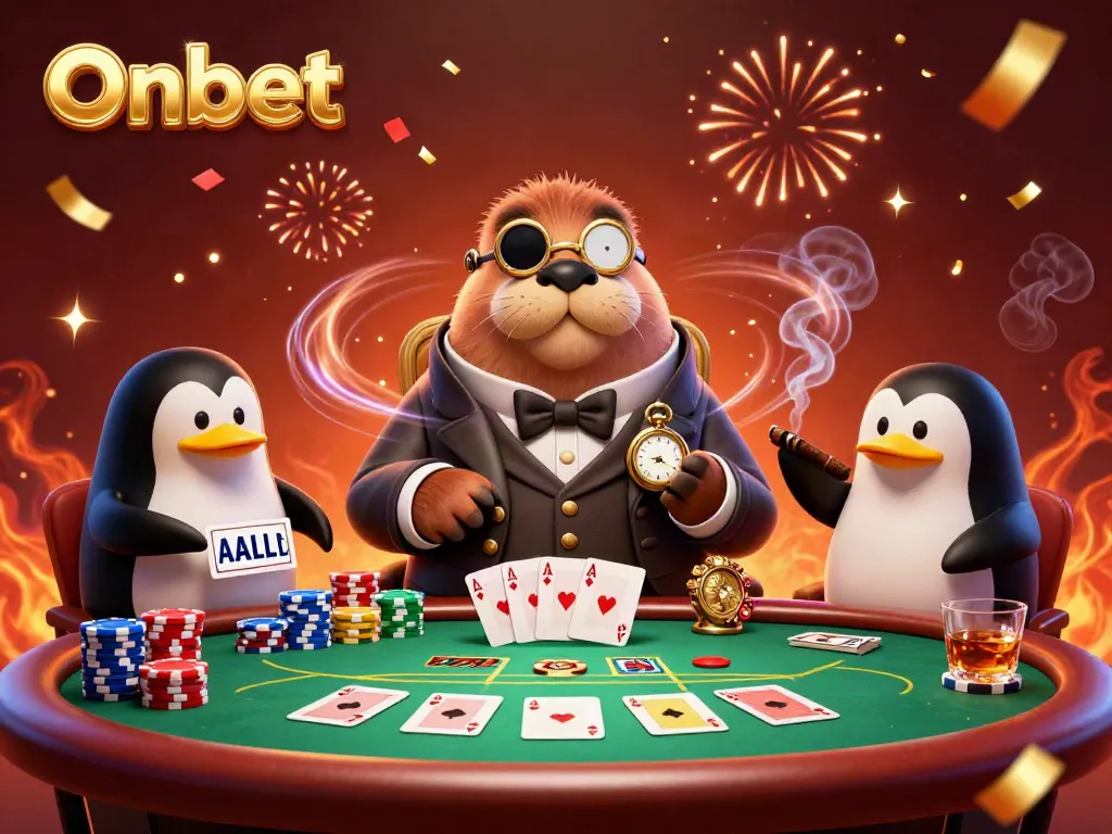 Experience Onbet's thrilling poker scene with an underwater walrus, penguin dealer, and bluffing pufferfish.