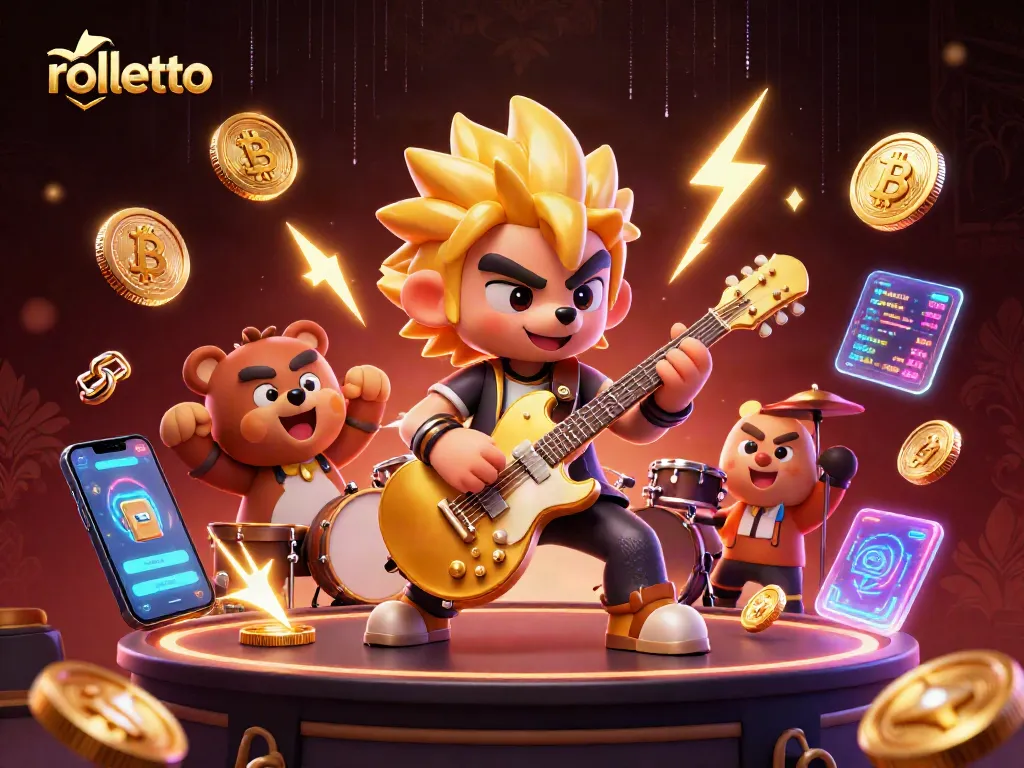Experience rolletto with an electrifying 3D scene showcasing a rock star wolf and a drummer bear amidst vibrant casino elements.